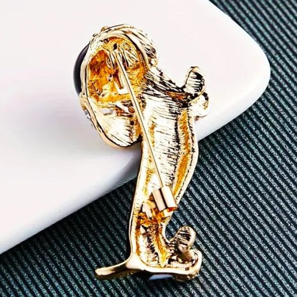 Dog Brooch Dachshund Weiner Enamel Rhinestone Pin Stylish Sparkle Hot Dog Doxie - Picture 2 of 3